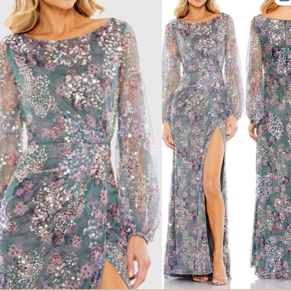 Mac Duggal Slate Green Floral Sequin Maxi Dress